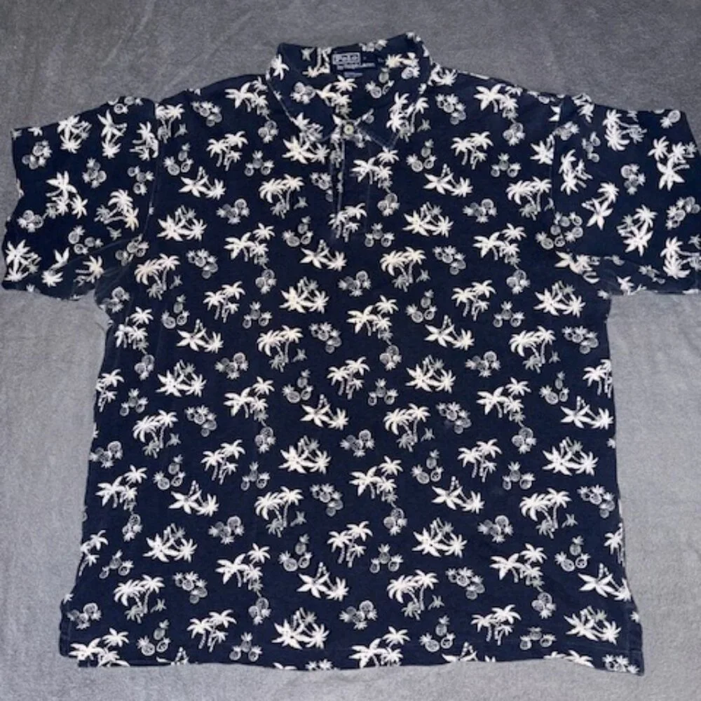 Y2K Polo Ralph Lauren Hawaiian Polo Men’s XL Navy Tropical Palm Tree 100% Cotton